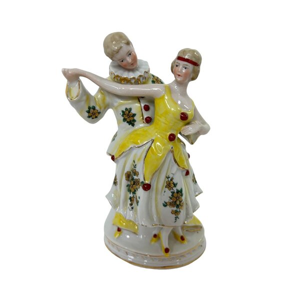 Couple Dancing Figurine Germany Vintage Ceramic Yellow White Floral Gold Accents